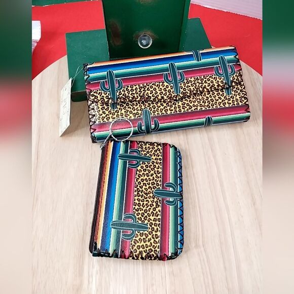 Cheetah Print Saguaro Cactus Wallet Set Cardholder ID Credit Card Coin Purse - Picture 9 of 12